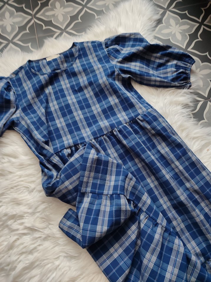 Mavi Ekose Uzun Salaş Kadın Elbise - Görsel 2