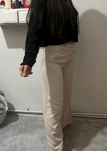 Bej Düğmeli Geniş Paça Kadın Pantolon - Görsel 6