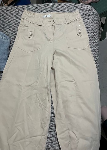 Bej Düğmeli Geniş Paça Kadın Pantolon - Görsel 2