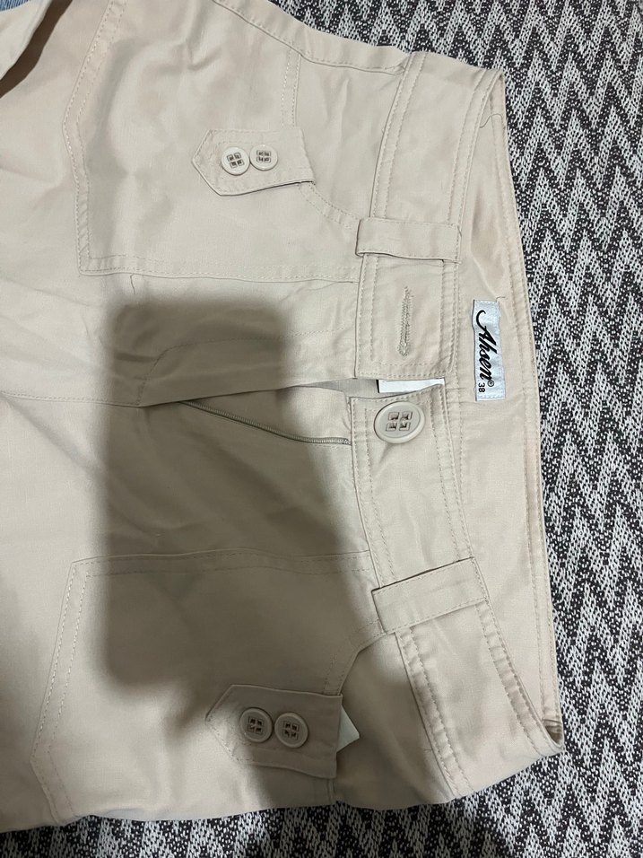 Bej Düğmeli Geniş Paça Kadın Pantolon - Görsel 5