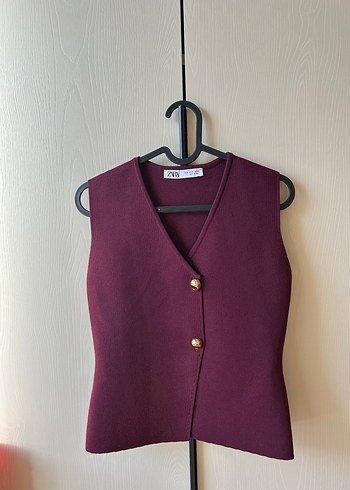 Zara Zara Düğmeli Bordo Kadın triko Yelek