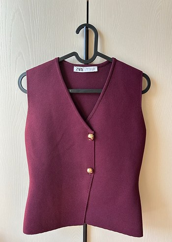 Zara Düğmeli Bordo Kadın triko Yelek
