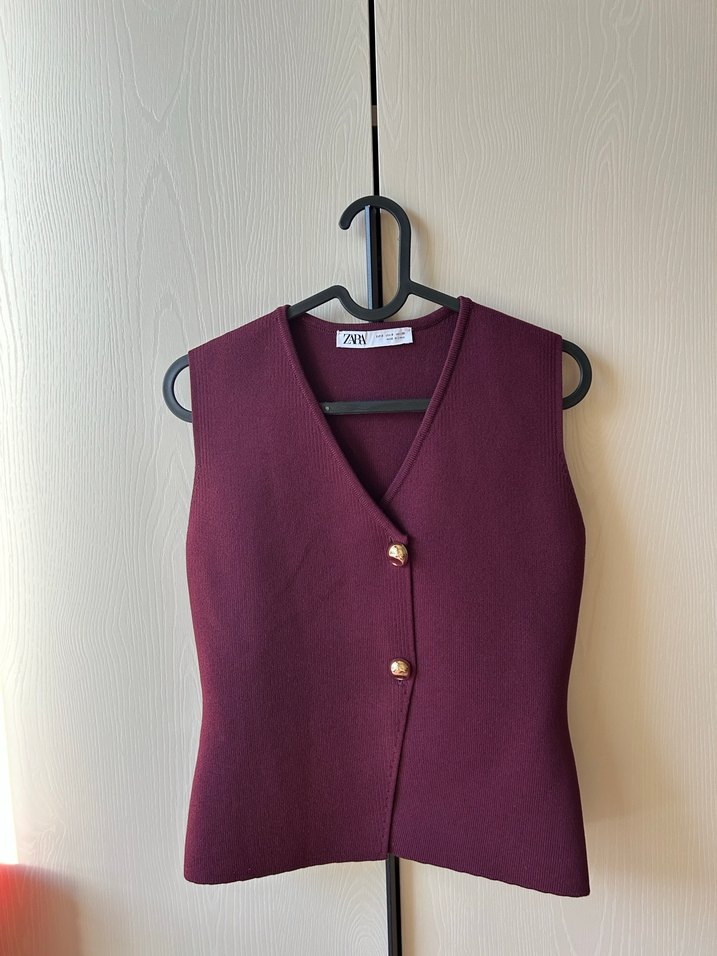 Zara Düğmeli Bordo Kadın triko Yelek - Görsel 3