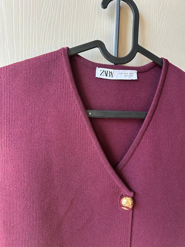 Zara Düğmeli Bordo Kadın triko Yelek - Görsel 2