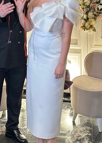 Beyaz midi boy  abiye elbise - Görsel 2