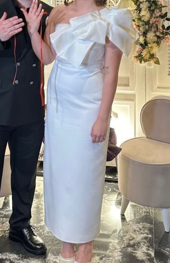 Beyaz midi boy  abiye elbise - Görsel 2