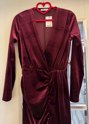 Bordo Uzun Kollu Drapeli Kadın Abiye Elbise - Görsel 3