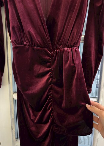 Bordo Uzun Kollu Drapeli Kadın Abiye Elbise - Görsel 2