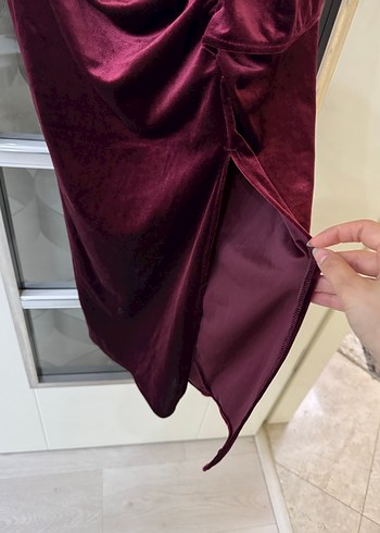 Bordo Uzun Kollu Drapeli Kadın Abiye Elbise - Görsel 4