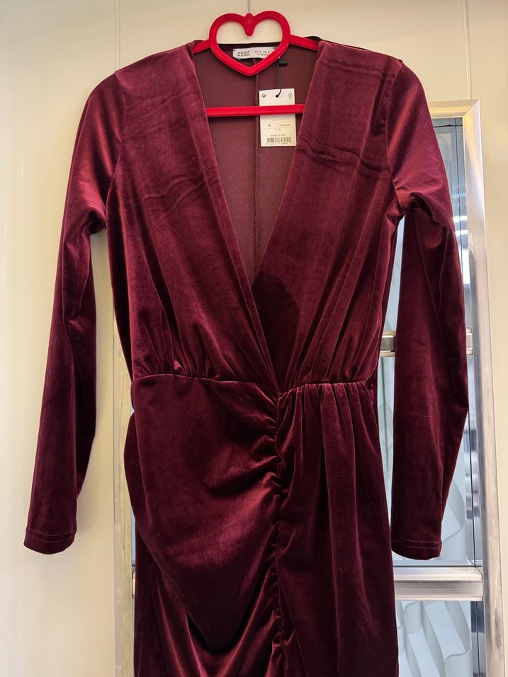 Bordo Uzun Kollu Drapeli Kadın Abiye Elbise - Görsel 3