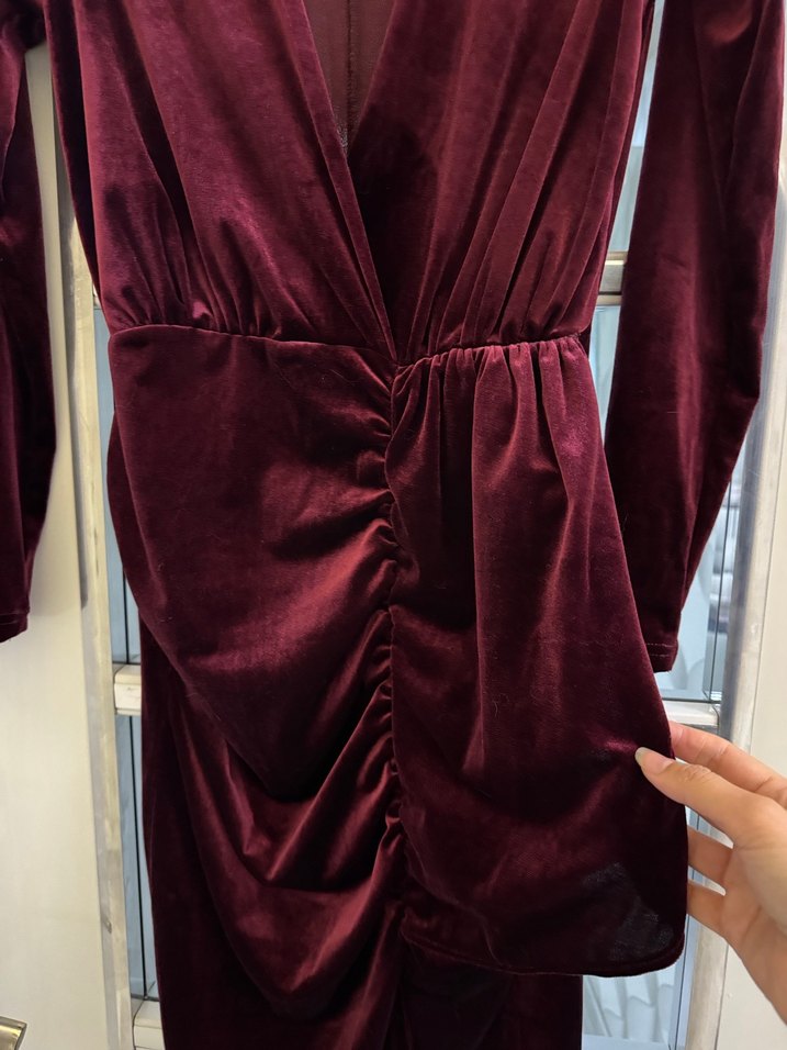 Bordo Uzun Kollu Drapeli Kadın Abiye Elbise - Görsel 2