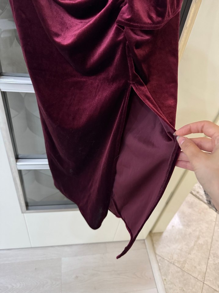 Bordo Uzun Kollu Drapeli Kadın Abiye Elbise - Görsel 4