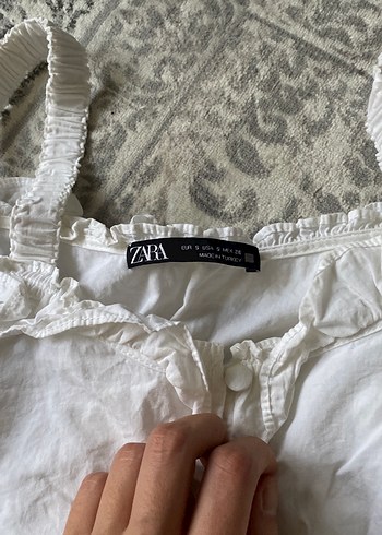 Beyaz Keten Düğmeli Straplez Bluz - Görsel 2