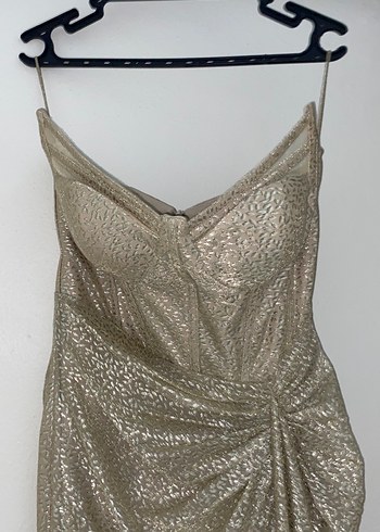 Drapeli Bej Yılan Desenli Uzun Abiye - Görsel 4