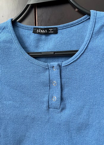 Bershka Düğmeli Kısa Kollu Mavi Denim Kadın Tişört