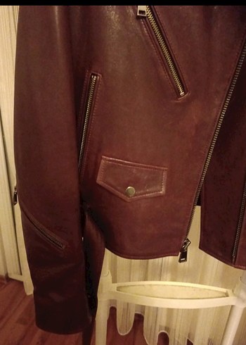 Bordo Kemerli Kadın Deri Biker Ceket - Görsel 9