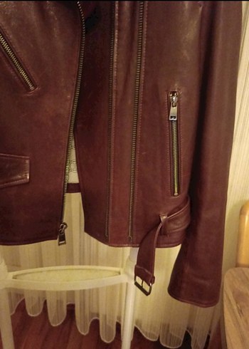 Bordo Kemerli Kadın Deri Biker Ceket - Görsel 7