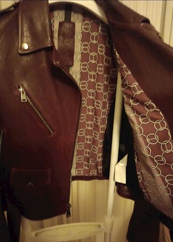 Bordo Kemerli Kadın Deri Biker Ceket - Görsel 4