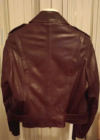 Bordo Kemerli Kadın Deri Biker Ceket - Görsel 8