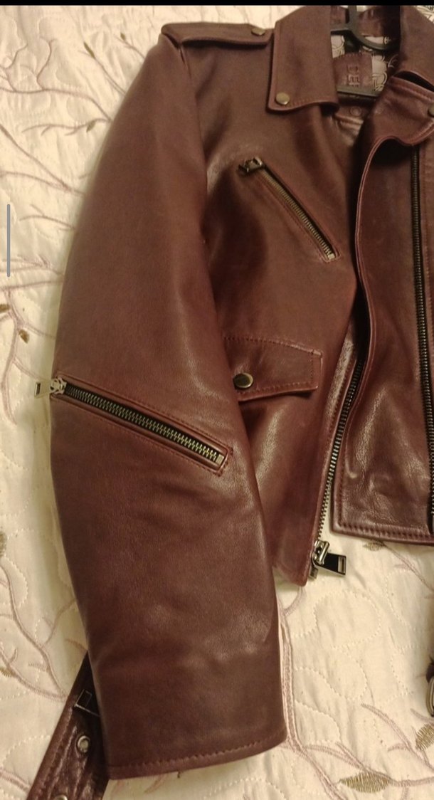 Bordo Kemerli Kadın Deri Biker Ceket - Görsel 5