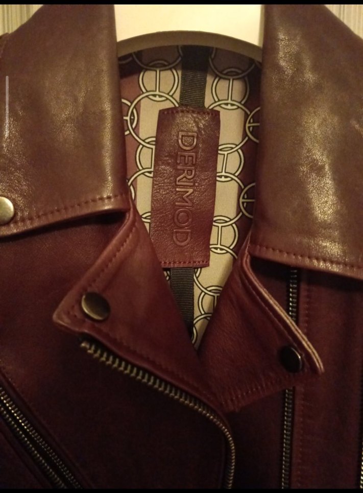 Bordo Kemerli Kadın Deri Biker Ceket - Görsel 2