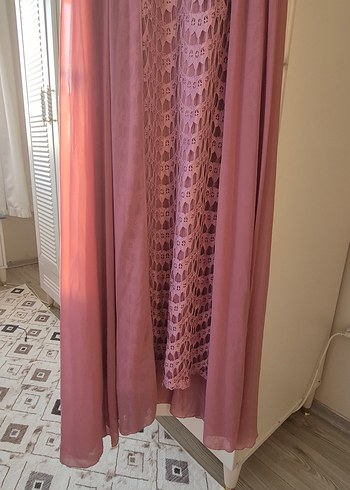 m Beden pembe Renk Dantel Detaylı Uzun Pembe Bohem Elbise