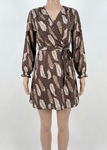 Uzun Kollu Kahverengi Yaprak Desenli Elbise - Görsel 2