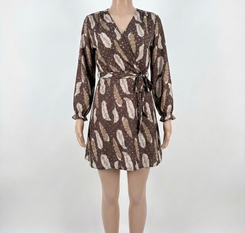 Uzun Kollu Kahverengi Yaprak Desenli Elbise - Görsel 2