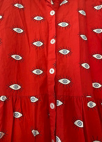 Düğmeli Kırmızı Pamuklu Uzun Elbise - Görsel 2