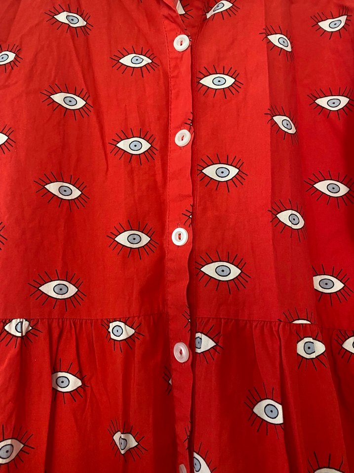 Düğmeli Kırmızı Pamuklu Uzun Elbise - Görsel 2