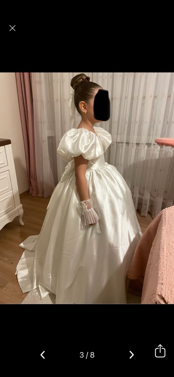 Beyaz Drapeli Klasik Kız Çocuk Elbisesi - Görsel 3