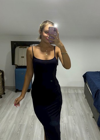 Lacivert İnce Askılı Midi Elbise