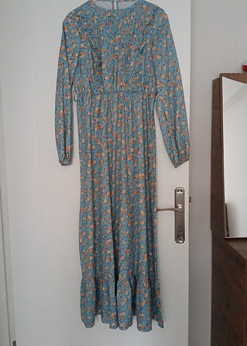 Mavi Çiçekli Uzun Bohem Elbise - Görsel 3