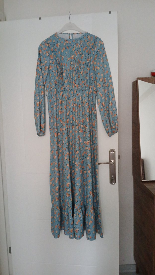 Mavi Çiçekli Uzun Bohem Elbise - Görsel 2