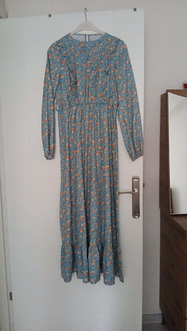 Mavi Çiçekli Uzun Bohem Elbise - Görsel 3