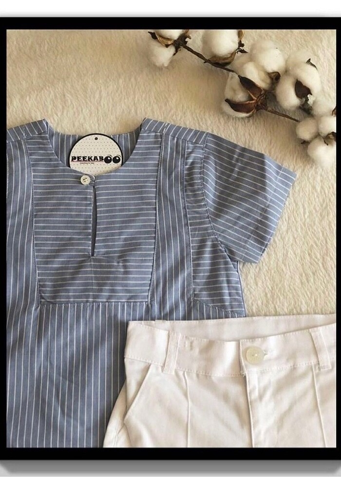 Çizgili Mavi Gömlek ve Şort Takımı (3-4 Yaş) - Görsel 3