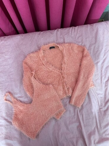 pembe hırka crop takım