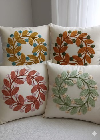 Bej Nakışlı Bohem Dekoratif Yastık - Görsel 2