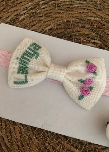 Nakışlı Pembe Fiyonk Saç Bandı ve Toka Seti - Görsel 6