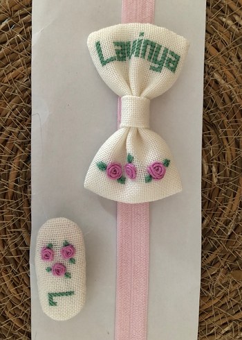 Nakışlı Pembe Fiyonk Saç Bandı ve Toka Seti - Görsel 5