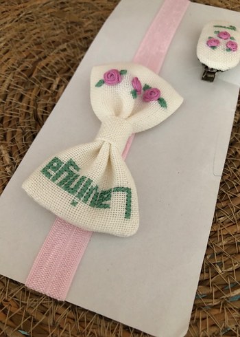 Nakışlı Pembe Fiyonk Saç Bandı ve Toka Seti - Görsel 3