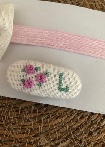 Nakışlı Pembe Fiyonk Saç Bandı ve Toka Seti - Görsel 7