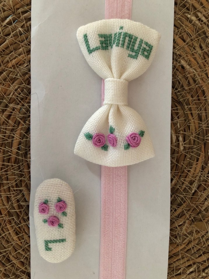 Nakışlı Pembe Fiyonk Saç Bandı ve Toka Seti - Görsel 5