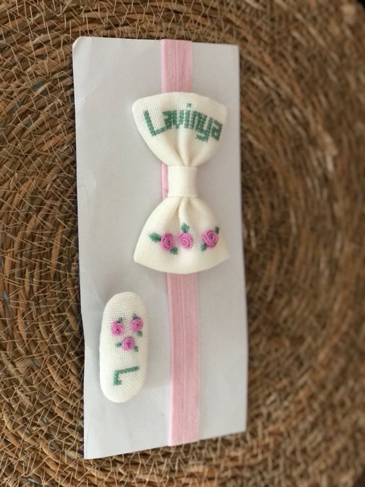 Nakışlı Pembe Fiyonk Saç Bandı ve Toka Seti - Görsel 4