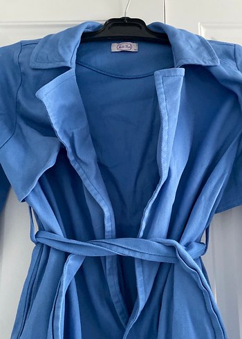 Mavi, uzun, bol kesim kadın trençkot - Görsel 4