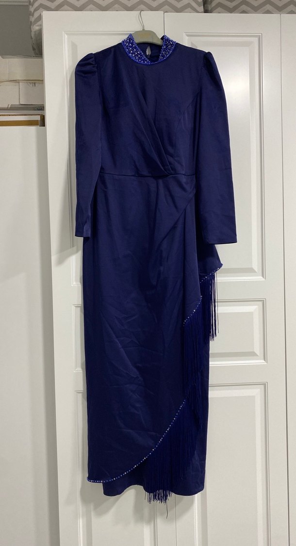 Lacivert Drapeli Uzun Kadın Abiye Elbise - Görsel 2