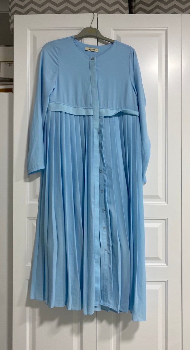 Mavi Pilili Uzun Kollu Kadın Elbise - Görsel 2