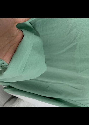 Uzun Kollu Yeşil Keten Tunik - Görsel 2