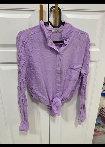 Mor Keten Düğmeli Uzun Kollu Gömlek - Görsel 5