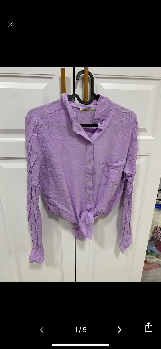 Mor Keten Düğmeli Uzun Kollu Gömlek - Görsel 5